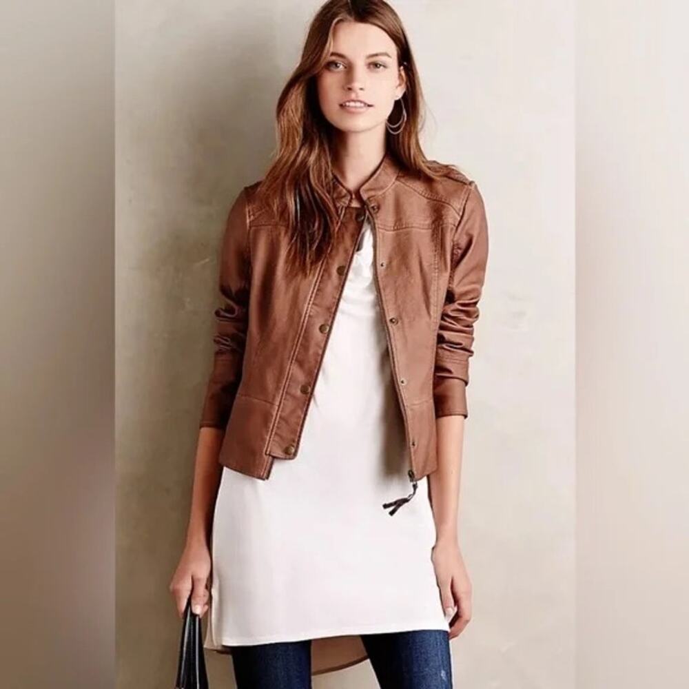 HEI HEI by ANTHROPOLOGIE Brown Vegan Leather Bomber‎ Jacket Size Small